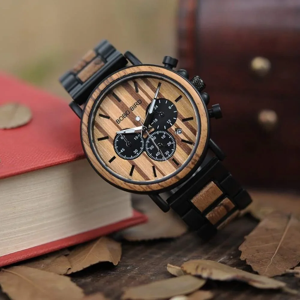 Men's Black Wood Stainless Steel Combined Chronograph Military Quartz Watches